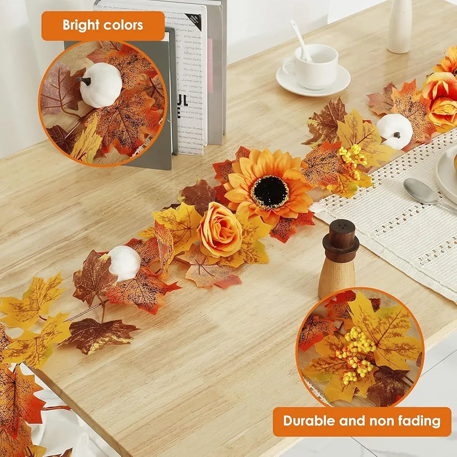 HASTHIP® Autumn Maples Leaf Pumpkin Garland with Berries, 2M/6.5FT Artificial Autumn Foliage Hanging Vine for Home, Thanksgiving, Halloween, Wedding, Fireplace, Party, Christmas Decor